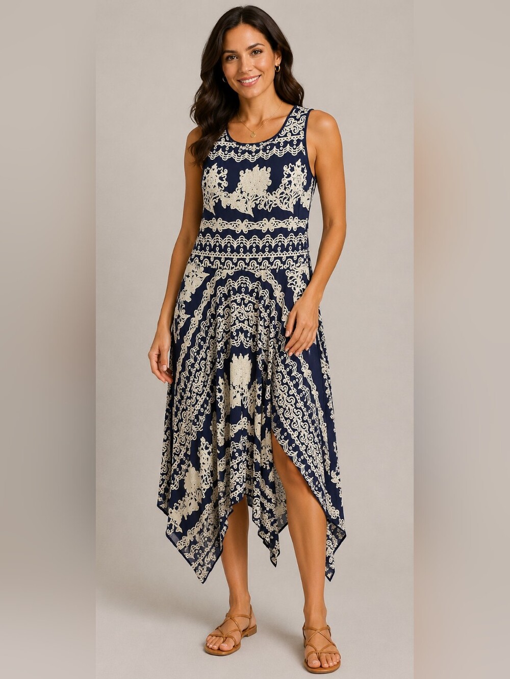 LOFT Small Navy and Cream Sleeveless Handkerchief-Hem Dress